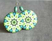 Summer large round earrings decoupage resin.-Floral kaleidoscope- Blue green hippie earrings - Wooden dangle earrings- Medallion jewelry