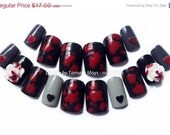 SALE Black Dahlia Fake Nails with Bleeding Roses, Hearts and Blood Splatter
