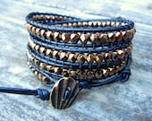 Beaded Leather 4 Wrap Bracelet with Metallic Bronze or Silver Czech Glass Beads on Black Leather