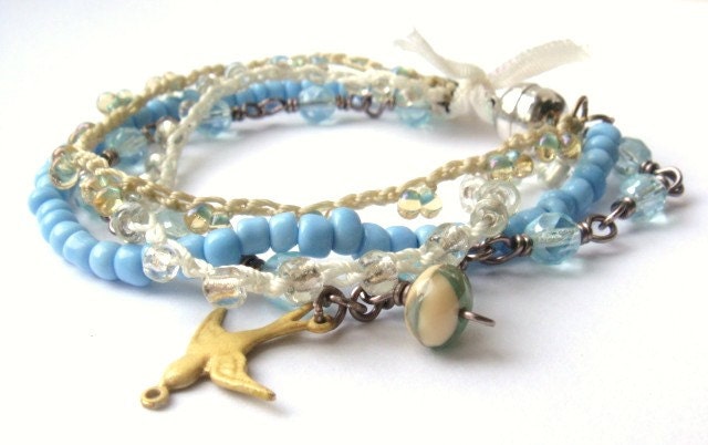 Shabby Chic Spring Bracelet Pale Blue Vanilla Buttercream Beaded Crochet