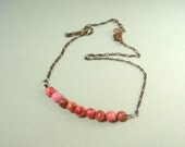 Beaded Bar Necklace Pink and Oxidized Brass