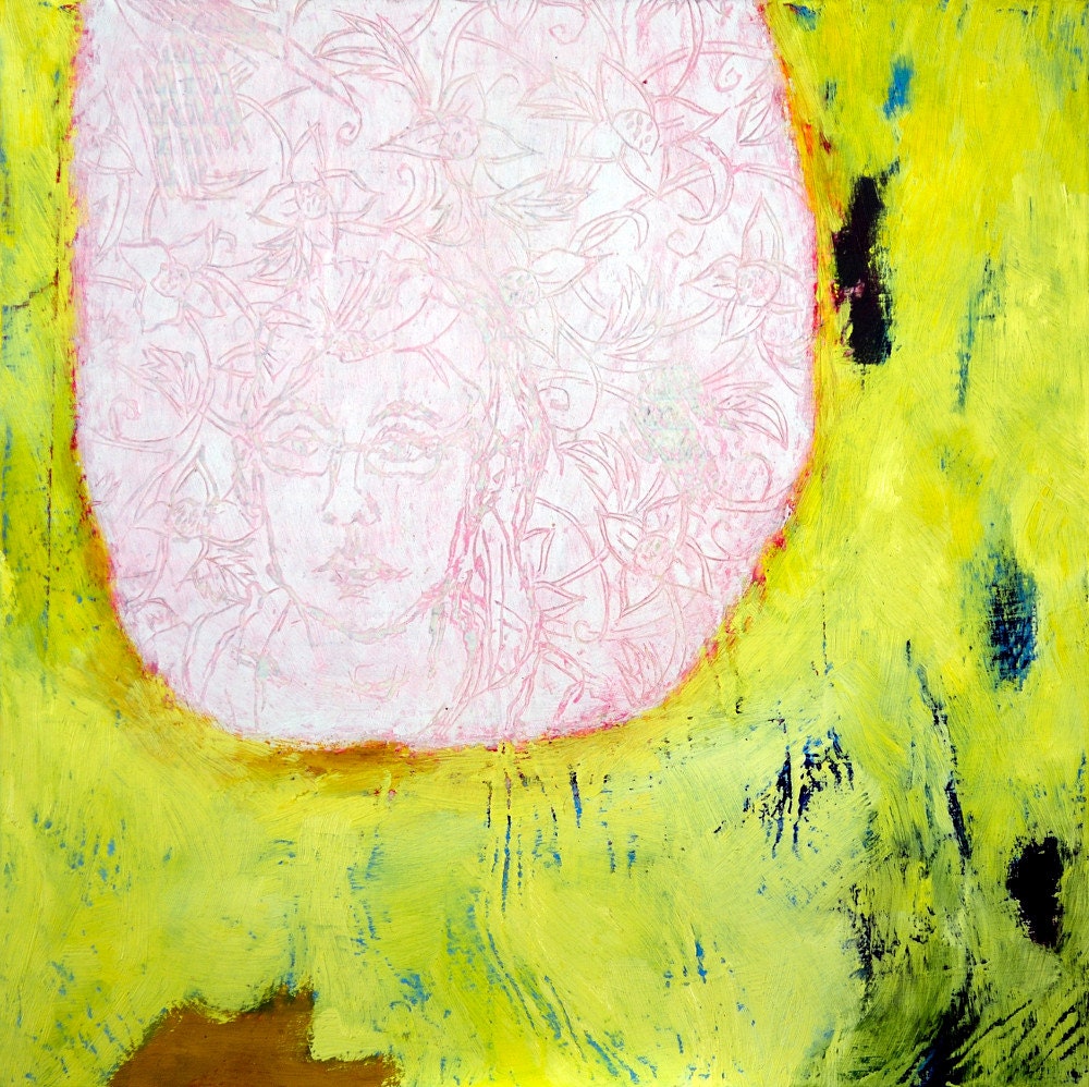 20 Things I Love Doing 2, 8x8 PRINT, yellow art, abstract painting, decorative pattern, ghost picture, home decor