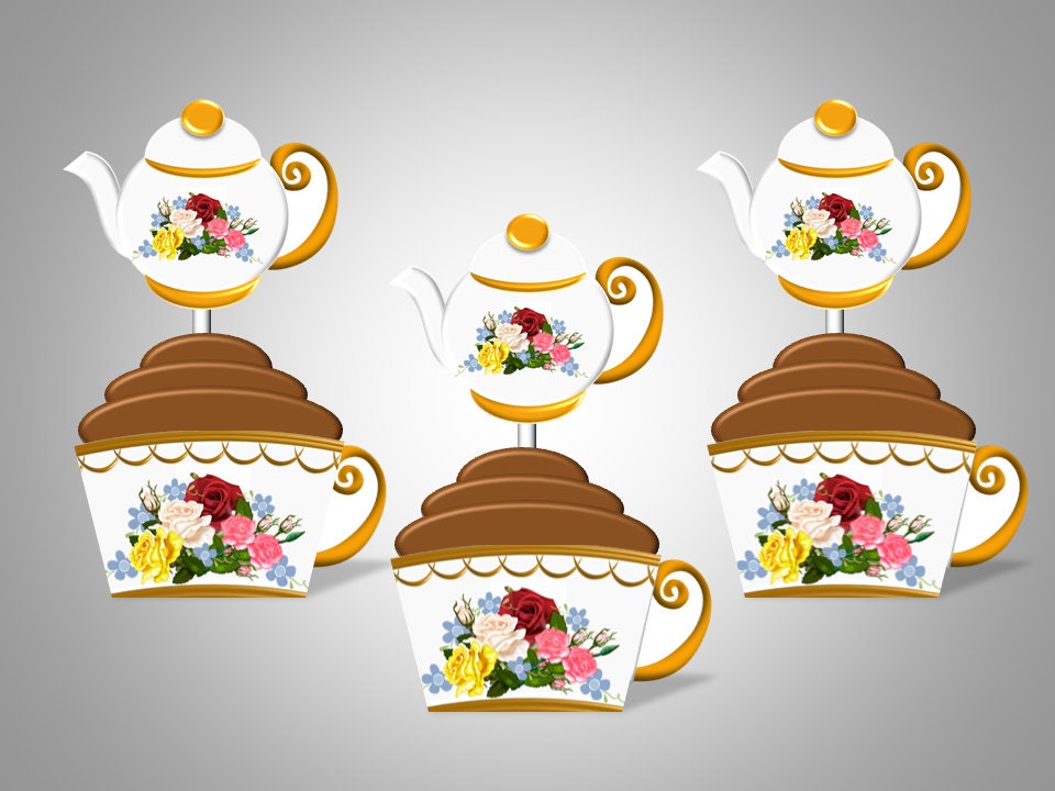 Tea Party Cupcake Wrappers & Toppers - Tea Cup Wrapper - Tea Pot Toppers - DIY Printable Party Decorations Il_570xn