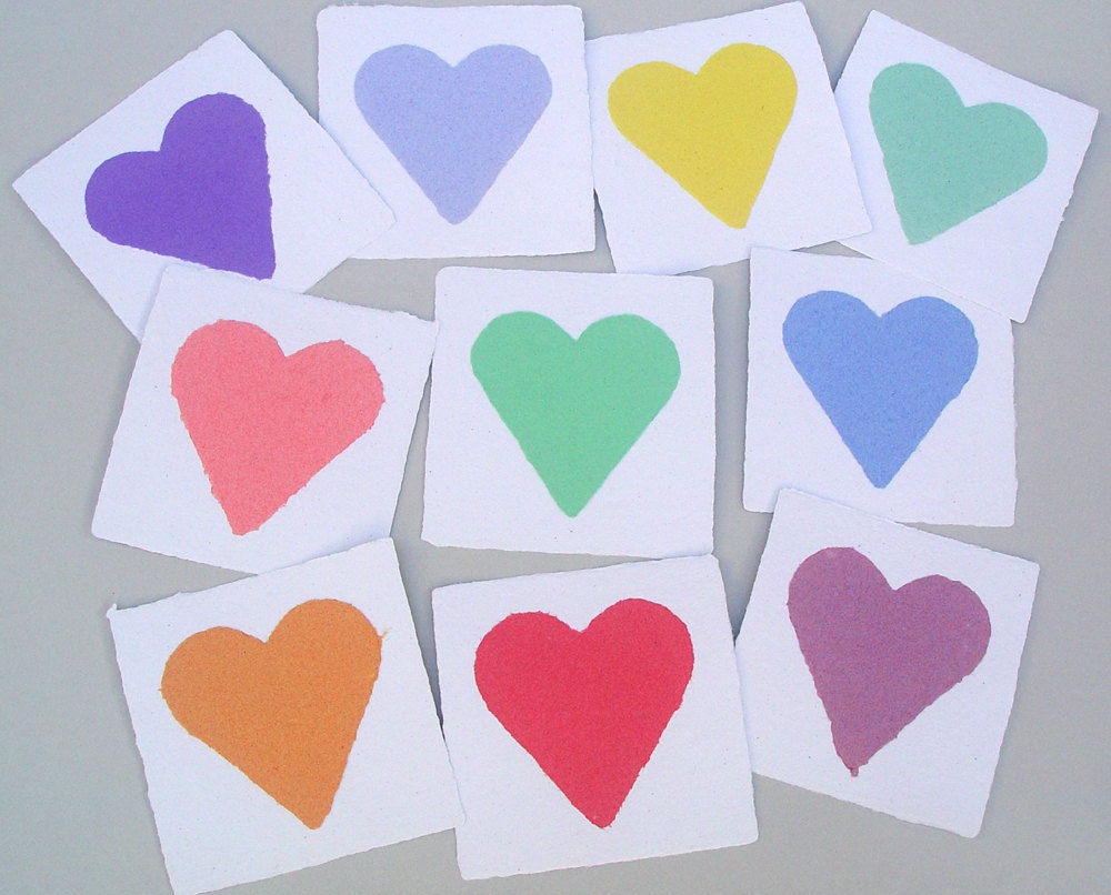 Heart cards, handmade paper, recycled, deckle edge, 4x4 inch, set of 10