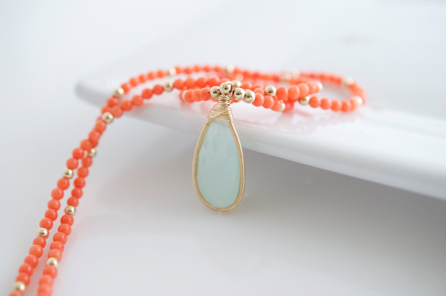 Coral Necklace, Chalcedony Pendant Necklace, Beaded Necklace, Pendant Necklace, Orange and Blue Necklace, Gemstone Necklace