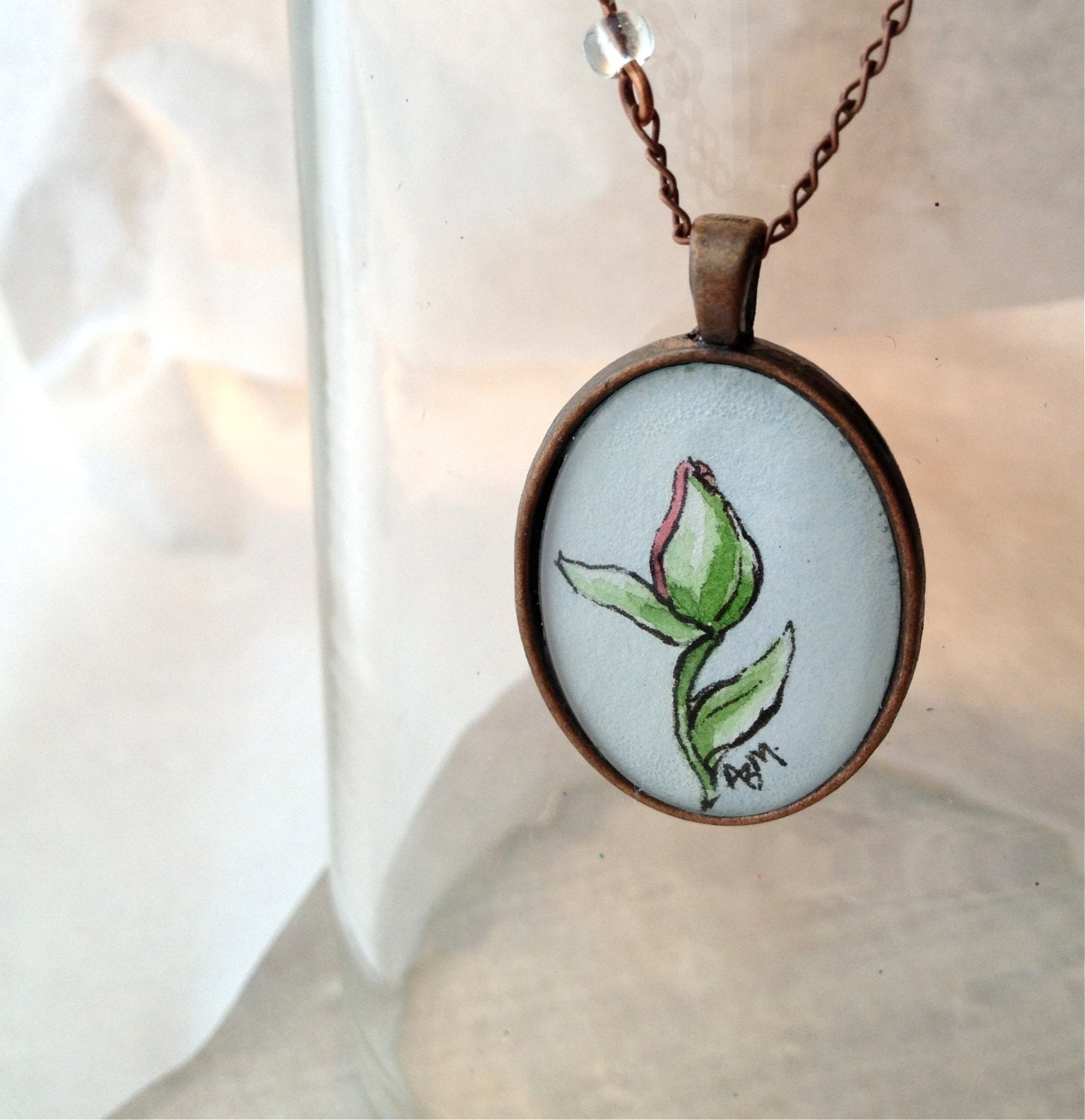 Rose Bud - Wearable Artwork  Necklace - Original Miniature Watercolor Painting - One of a Kind