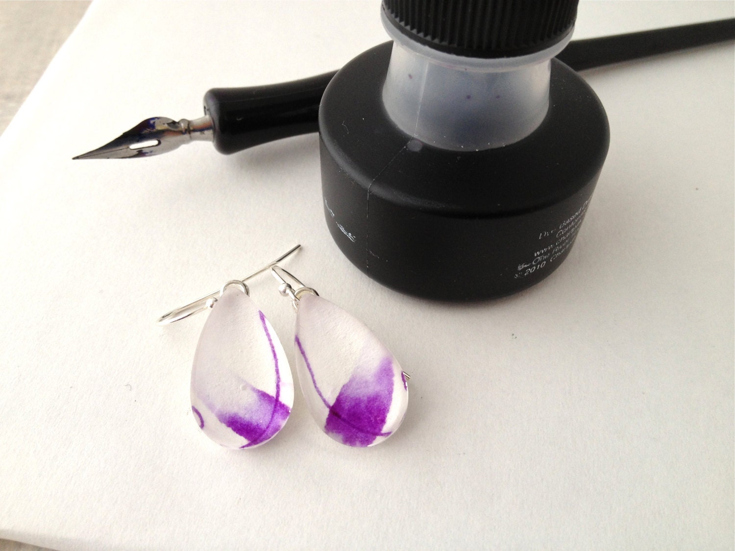 Abstract Violet Ink - Wearable Artwork Earrings  - Original Ink Paintings - One of a Kind - Sterling Silver