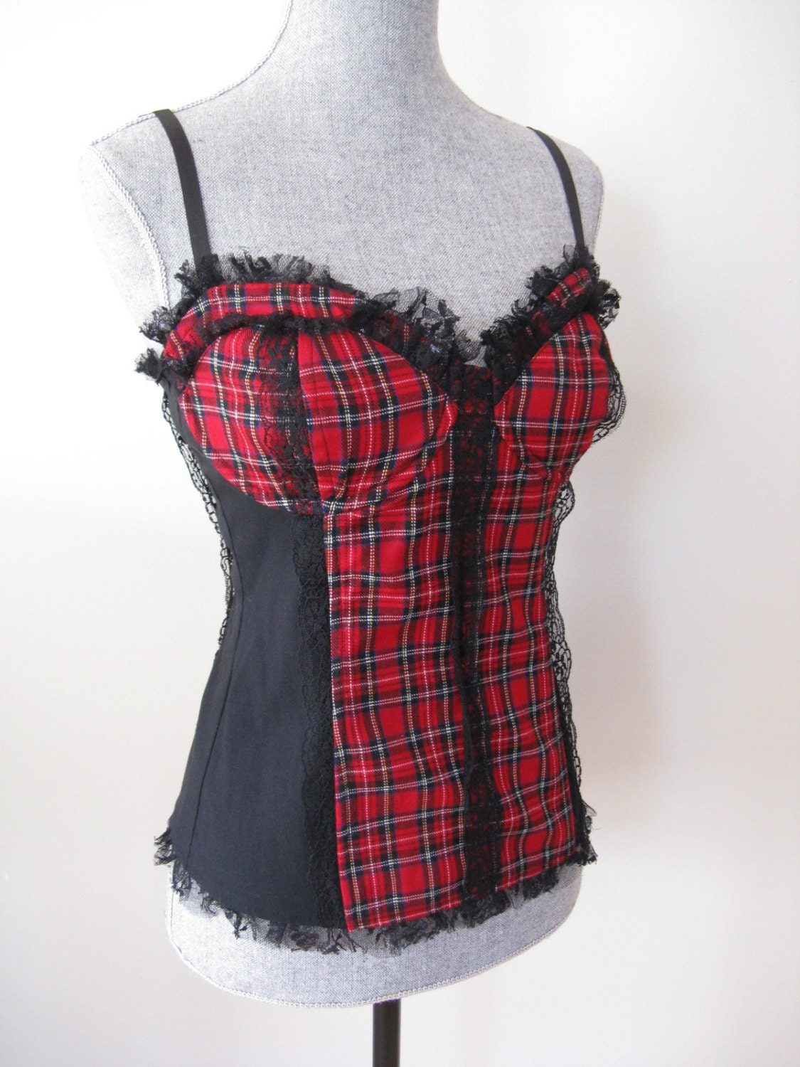 LIP SERVICE punk Red Tartan Plaid Black Satin & Lace CORSET Bustier Top Burlesque Goth Pin Up Fetish