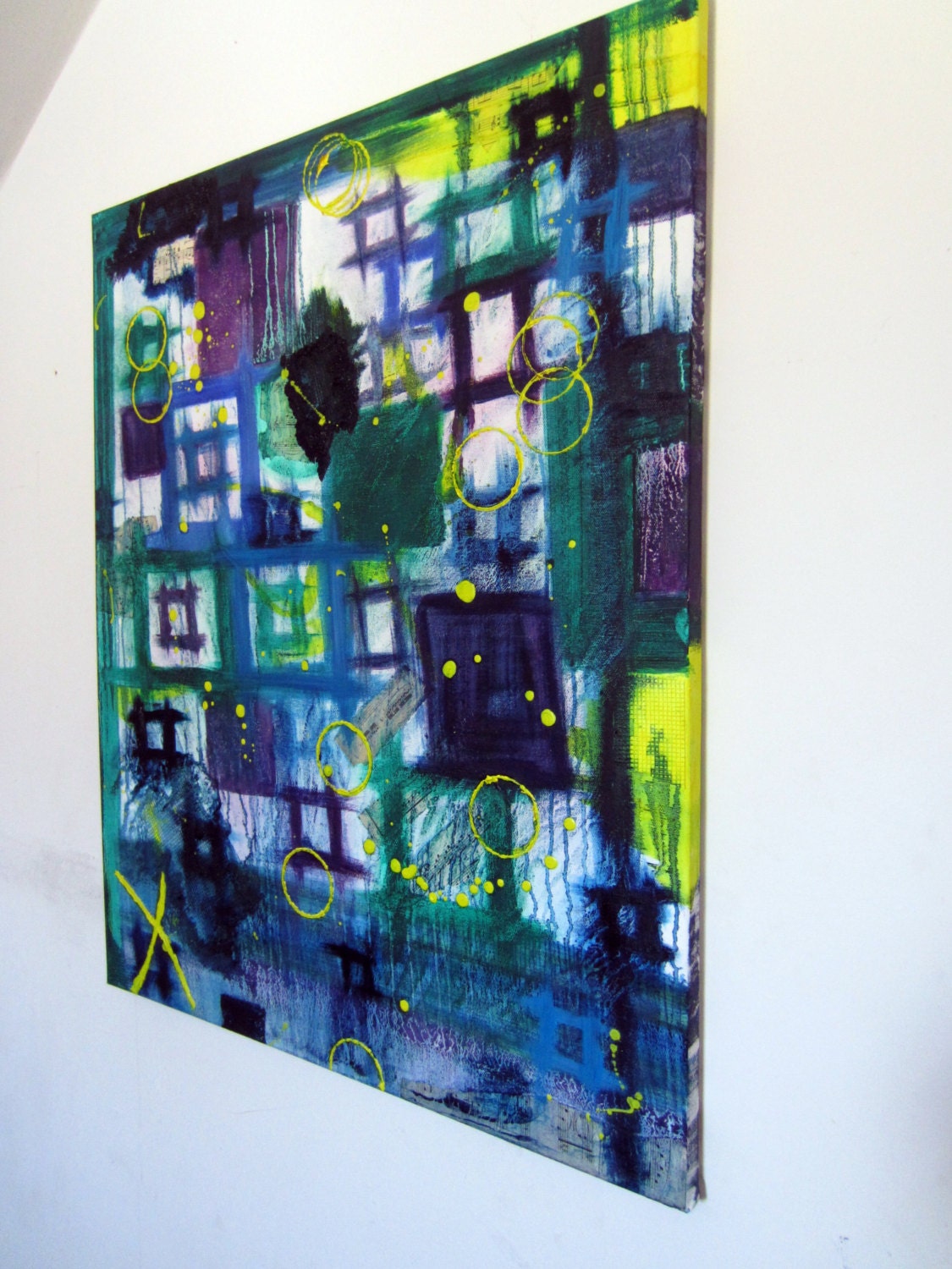 modern abstract original teal purple blue and yellow oil painting with square design