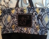 Gray Black Yellow & White Fabric Tote Bag or Purse - Personalized with Hand-beaded Initial