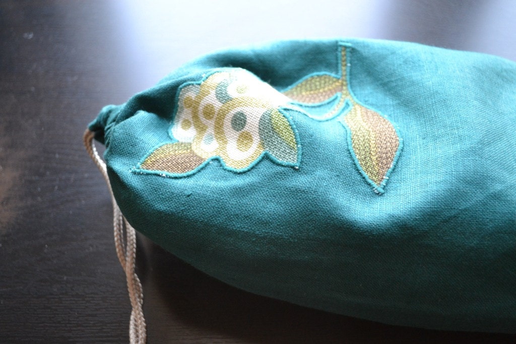 Linen Bread Bag - Teal with Applique Flowers - Baguette Bag