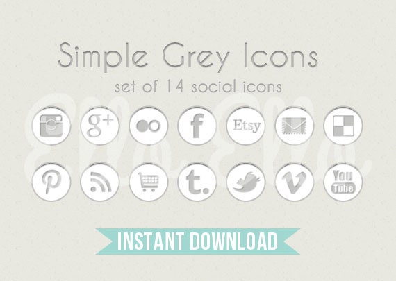 Social Media Icon Set - Instant Download - Circle Buttons - Grey & White Icons for Facebook, Twitter, Pinterest, Etsy, Google Plus