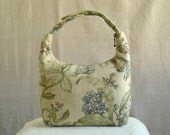 Fabric Lunch Bag, Small Purse, Women Lunch Tote,Work Lunch Bag, Cottage Style Smoky Blue Hydrangea On Taupe