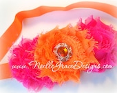 Hot Pink & Orange Chiffon Flower Headband - babies, photography, photo, prop, girl, newborn, hair, bows, accessories, tangerine, pink