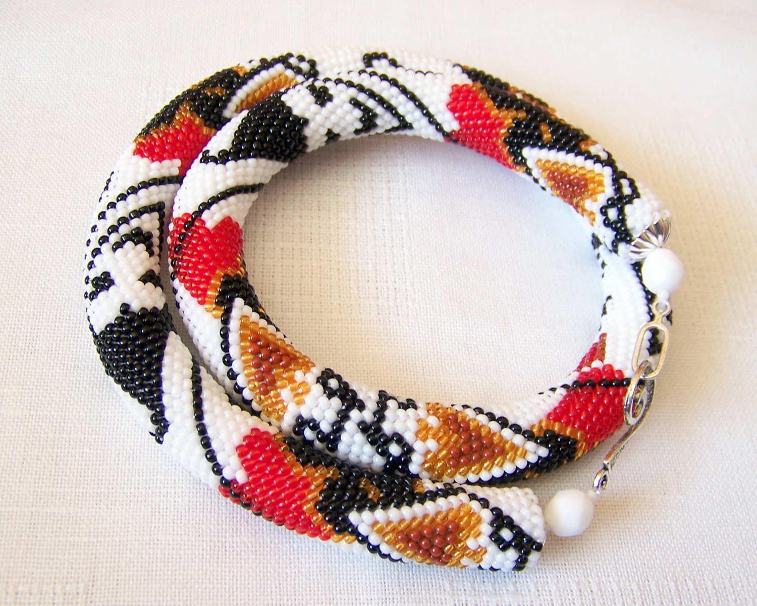 Bead crochet rope necklace with playing cards pattern - Beaded necklace - Handmade jewellery - Beadwork - white, black, red, brown