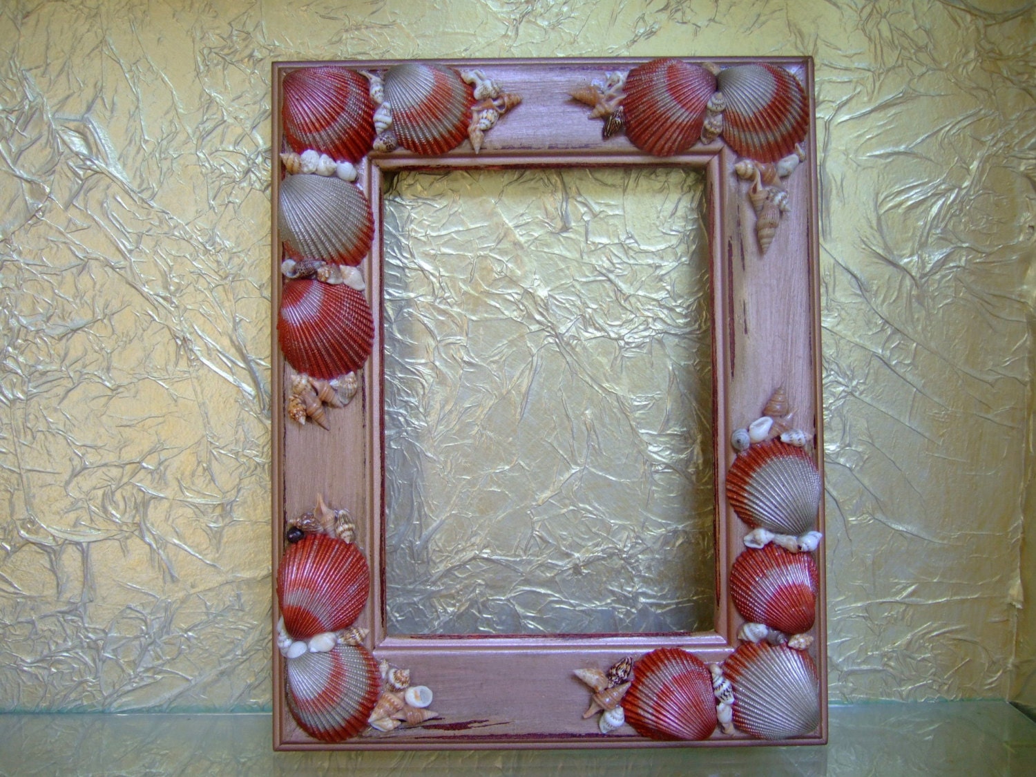 Distressed Wooden Picture Frame 5 x 7, Hand Painted and Embellished with Sea Shells, Easel
