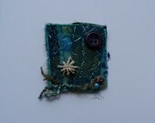 Textile art card - Sea deep- blues soft greens fiber art embroidery