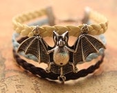 bat bracelet,retro silver lovely bat pendant,blue&yellow and brown leather braid bracelet---B213