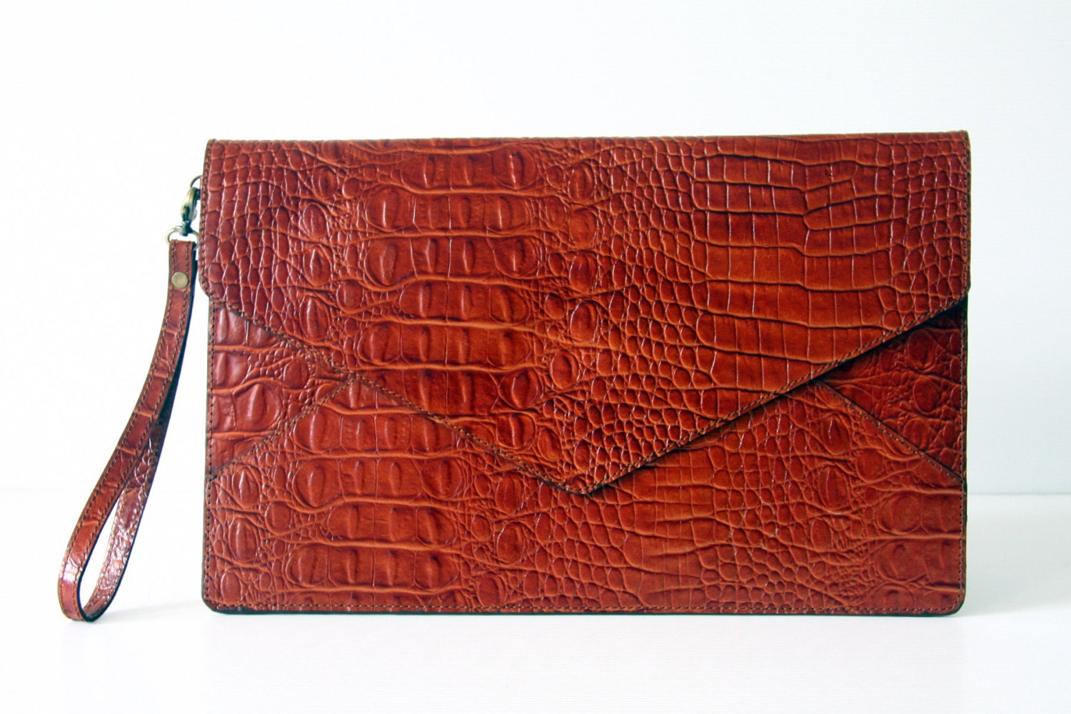 Oversize Envelope Leather Clutch in Deep Tan Croco