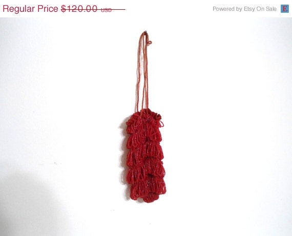 May Days Sale 1920s Vintage Flapper Purse Red Draw String Bead Bag