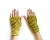 SUMMER SALE: 15% OFF - Hand Knit Fingerless Gloves in Lime Green, Trinity Stitch Arm Warmers, Seamless Knit Gloves, Winter Fashion