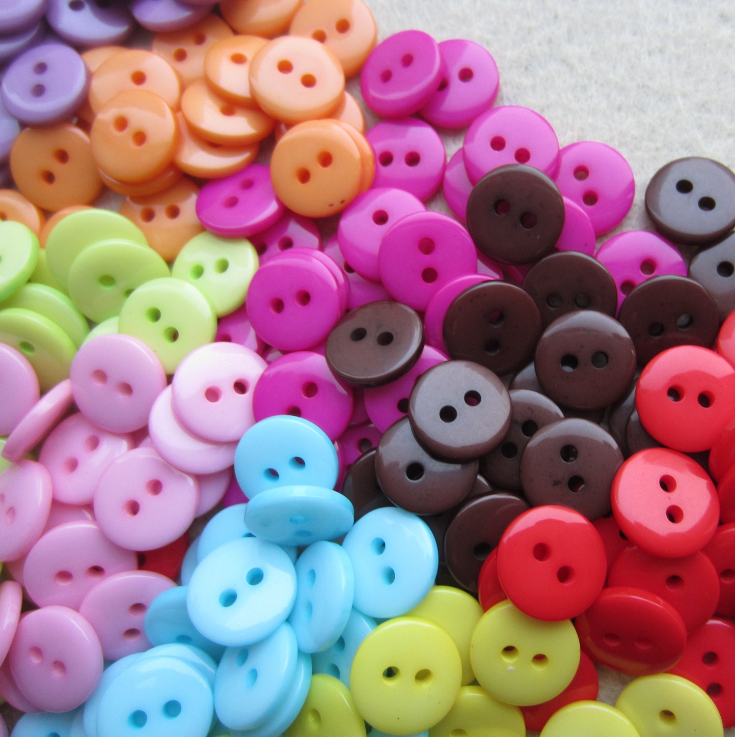 Bulk Pack - 180 x 10mm resin buttons. 10 of each colour, Red, Orange, Purple, Dk Pink, Blue, Black, Brown., Lime, Yellow