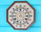 Vintage 1960s Floral Embroidered Wall Clock With Wooden Frame