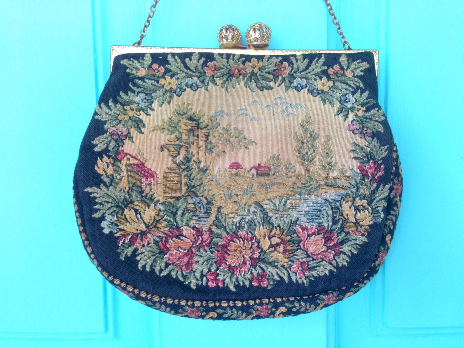 Antique 1930s French Tapestry Petit Point Purse Bag by Walborg