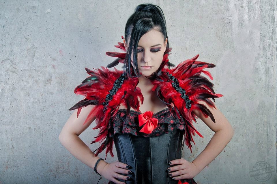Goth Burlesque feather shrug shoulder wrap in red victorian Fantasy