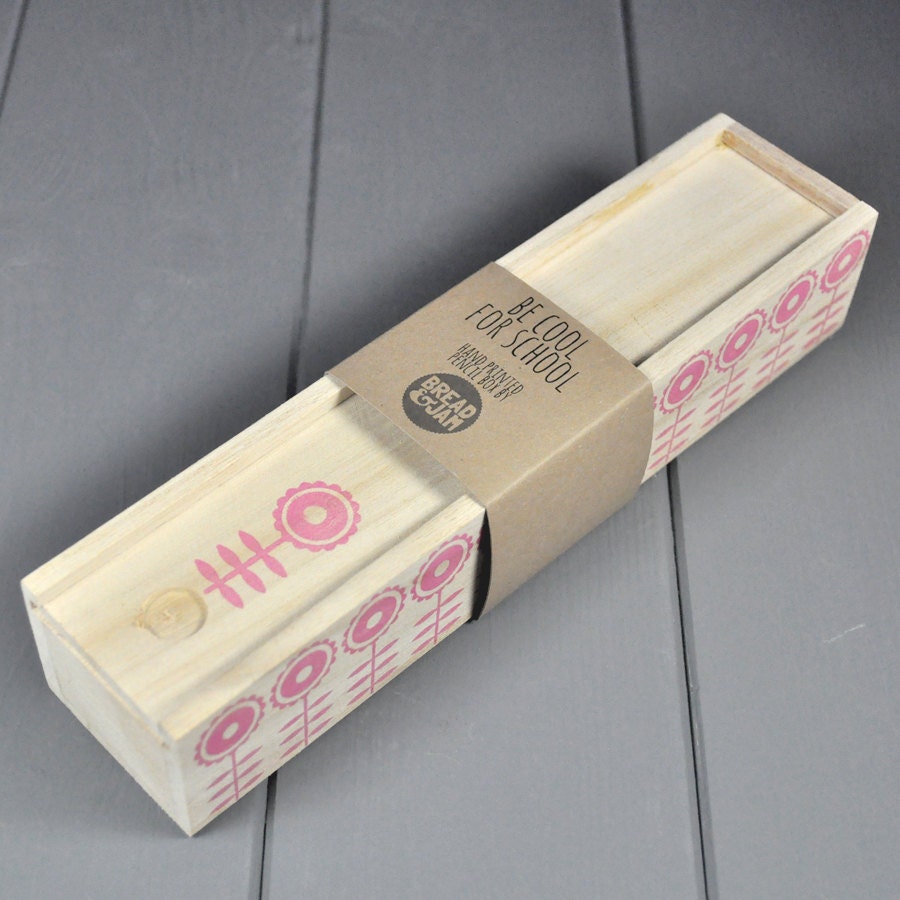 Wooden pencil case - Block printed flowers in pink