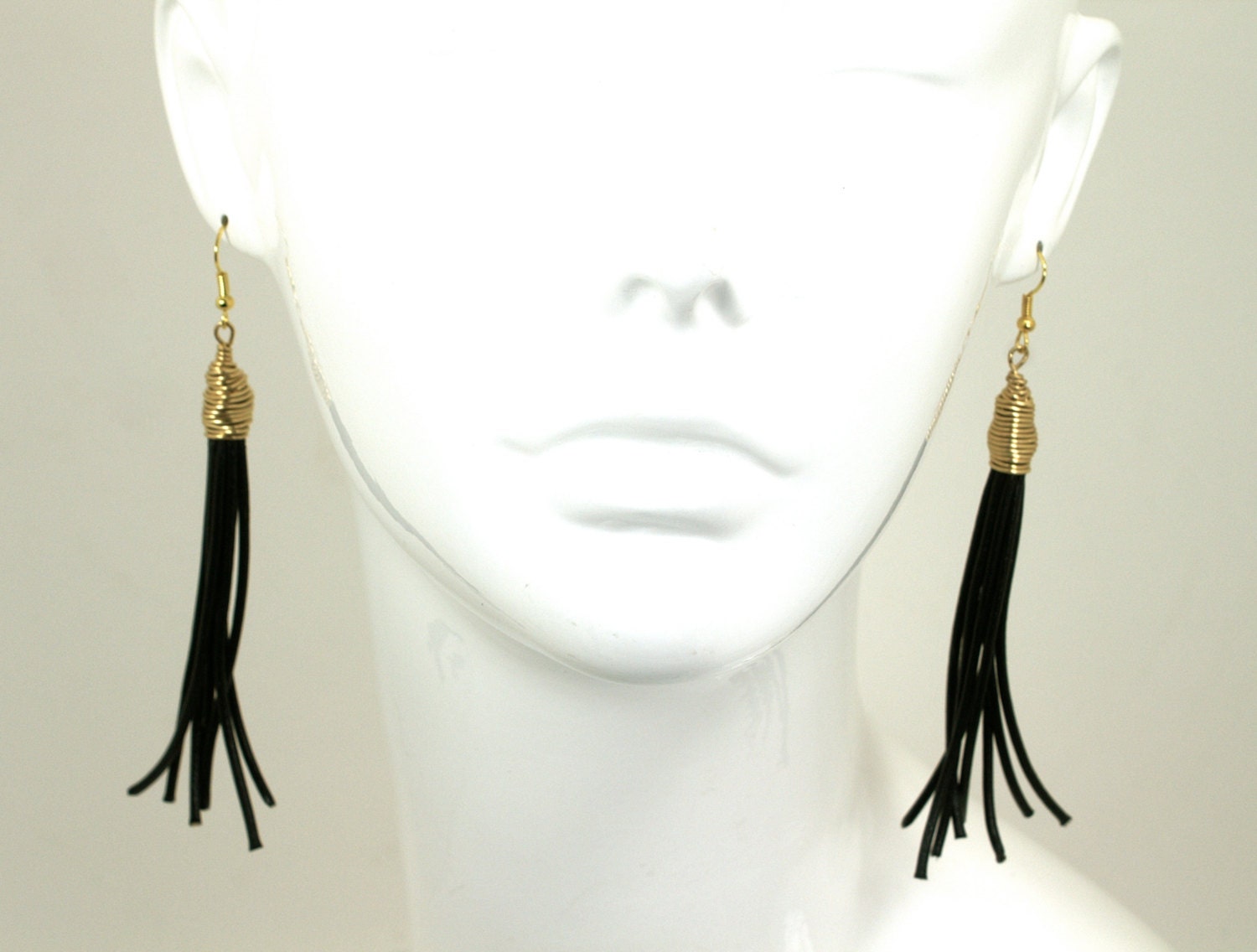 Black Leather Tassel Earrings Gold Wire Wrapped Dangle