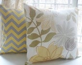 Pillow Covers -   Two Chevron Yellow Gray Floral  20 X 20   " Chevron and Floral "   Accent Pillows   Throw Pillows   Decorative 20 X 20