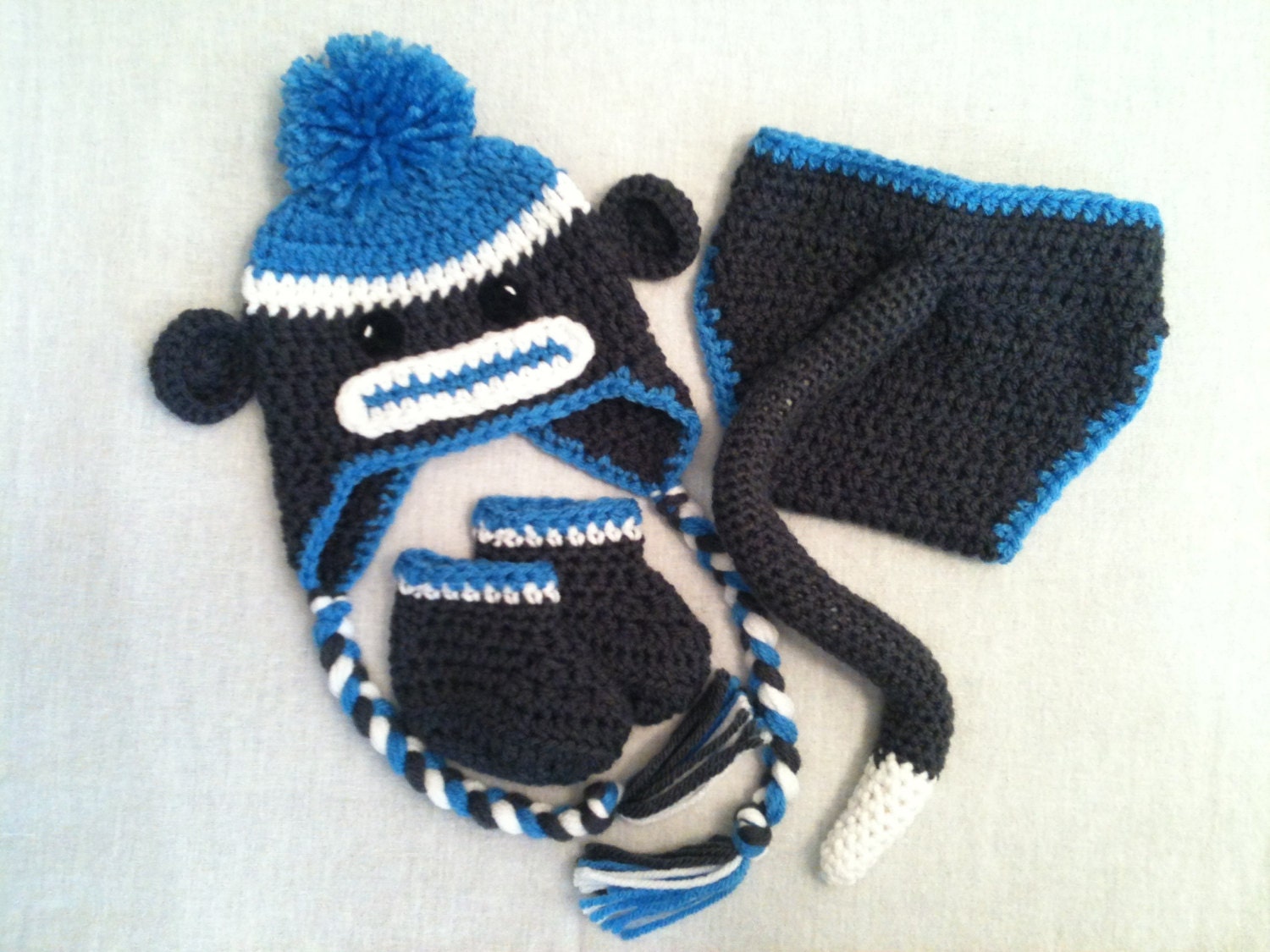 Sock Monkey Set - Earflap Hat, Diaper Cover and Booties - Newborn to 3 Months - Grey Blue - Hand Crochet Booties