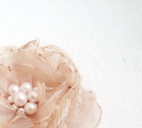 Bridal Hair Clip Accessory Champagne Organza with Pearl Center and Tulle Leaves Flowergirl Bridesmaid Accessory