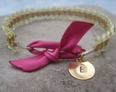 Czech Glass Wire Wrap Monogram Bangle Bracelet with Fuchsia Ribbon
