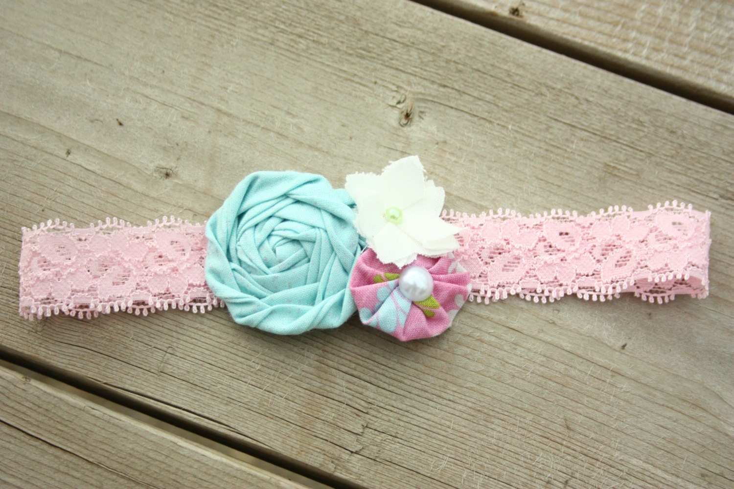 Baby Headband - Newborn Headband - Toddler, Girl Flower headband - Handmade flower trio - Pink lace, turquoise, pink, and white flowers