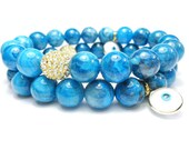 Blue Crazy Lace Agate Charm Beaded Bracelet with Evil Eye Charm Pave Rhinestone and Agate Gemstone Beads