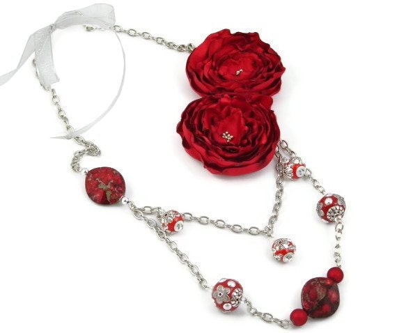 Red Statement Flower Fabric Necklace, Unique Jewelry