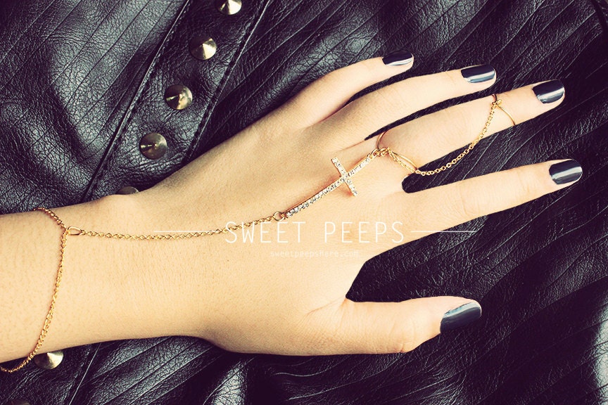 Gold Sideways Rhinestone Cross Chevron Knuckle Ring Hand Harness/Slave Bracelet