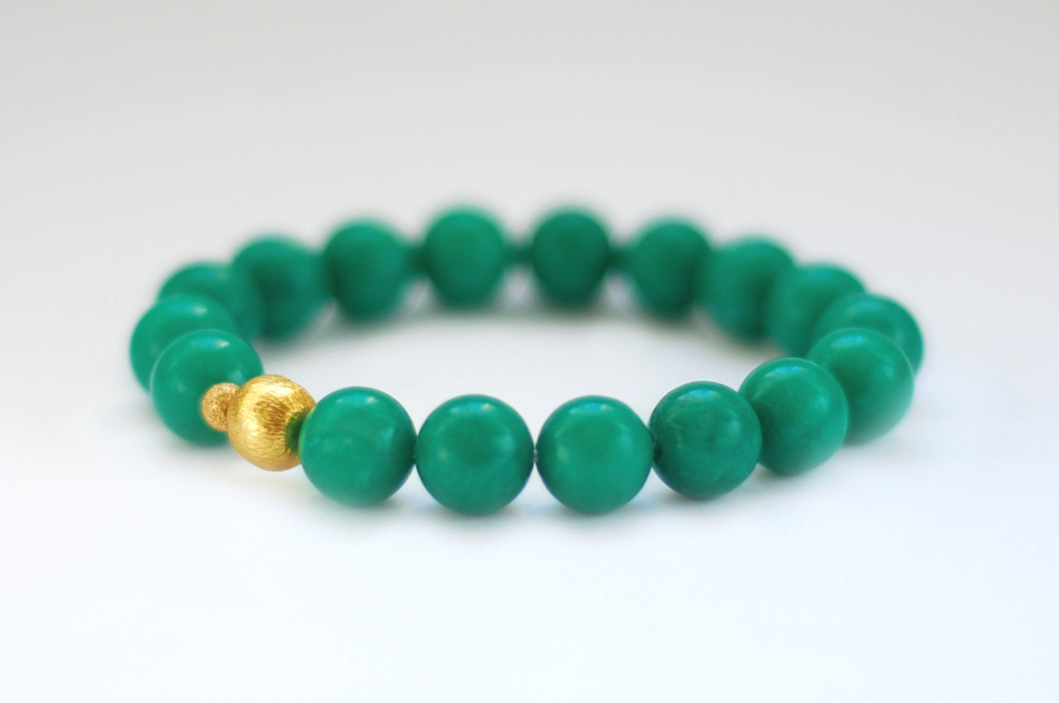 Kaeden Beaded Bracelet - 10mm Emerald Green Beaded Bracelet with Gold Plated Bead