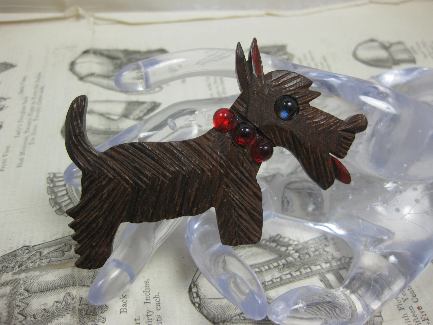 Cute Vintage Wood Figural Dog Pin Brooch