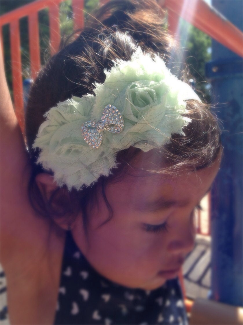 Mint Green Color Shabby Chiffon Fabric Flower Headband, Girl Headband, Baby Girl Headband, Infant Girl Headband, Newborn Girl Headband