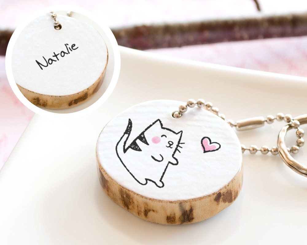 Birthday Gift PERSONALIZED Kitten Cat Keychain Name Initial Monogram Cute Drawing Animal Wood Keyring Custom Handmade Unique ECO FRIENDLY