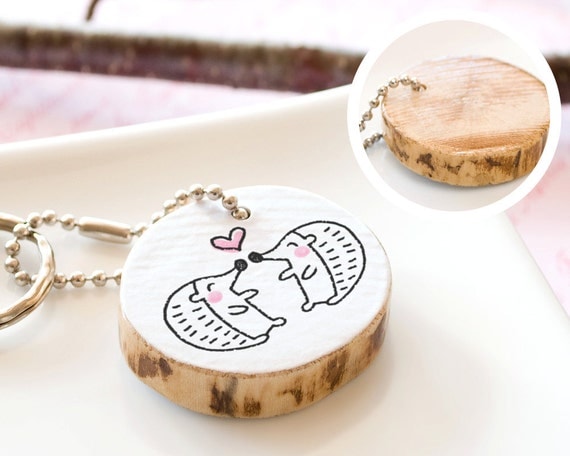 Buy cute gifts for him - Hedgehog Wooden Keychain Couple Best Friend Reclaimed Wood ECO FRIENDLY Love Heart Animal Cute Drawing Gift Her Him Handmade Keyring Round