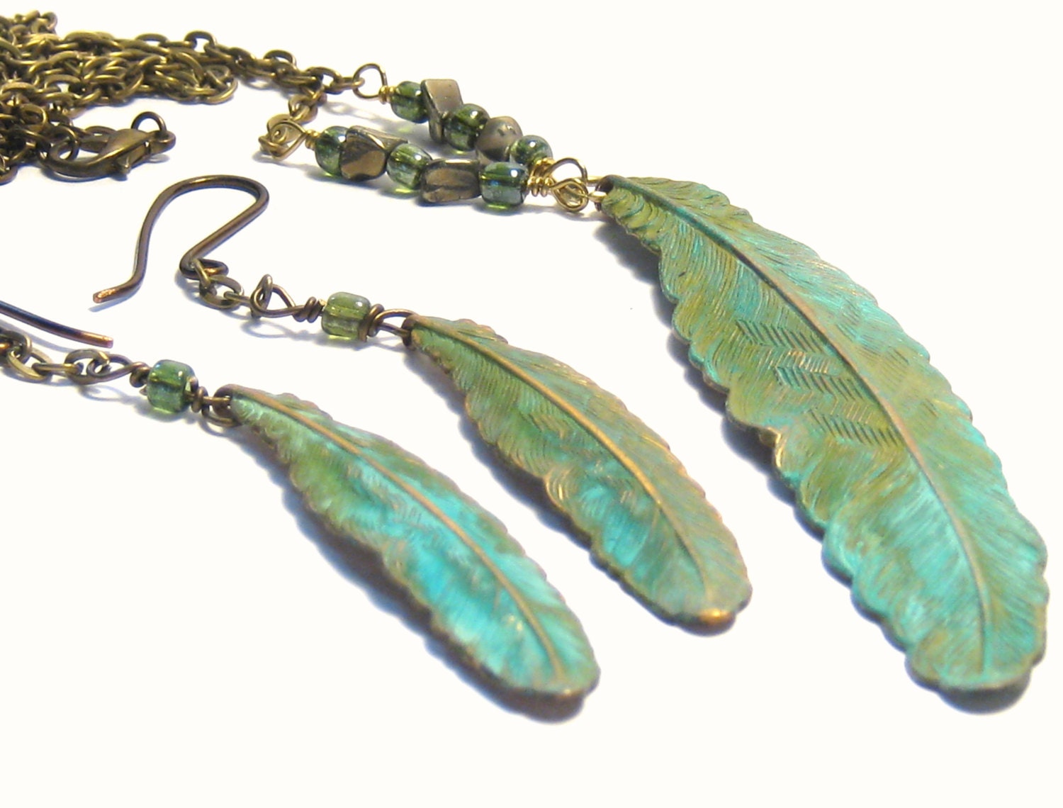 Verdigris Feather Wings Necklace Earrings Bohemian Jewelry