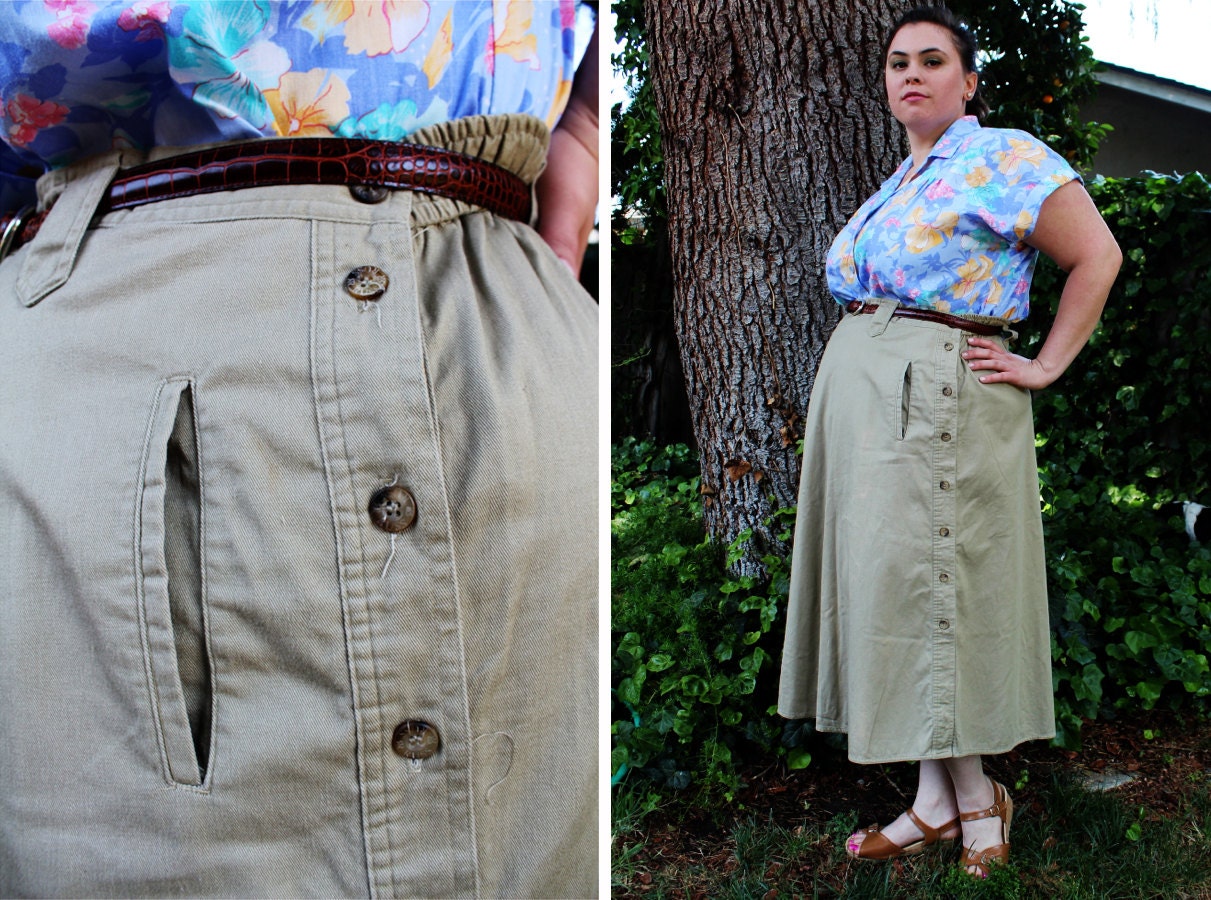 Plus Size - Vintage Khaki Chino Side Button Detail Full Skirt (Size 20W)