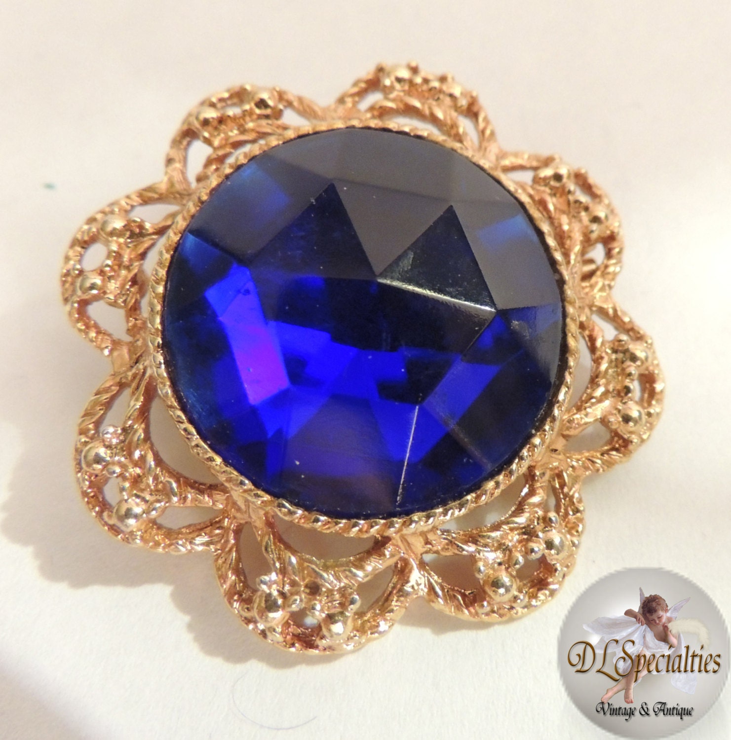Colbalt Blue Faceted Vintage Jewelry Glass Brooch