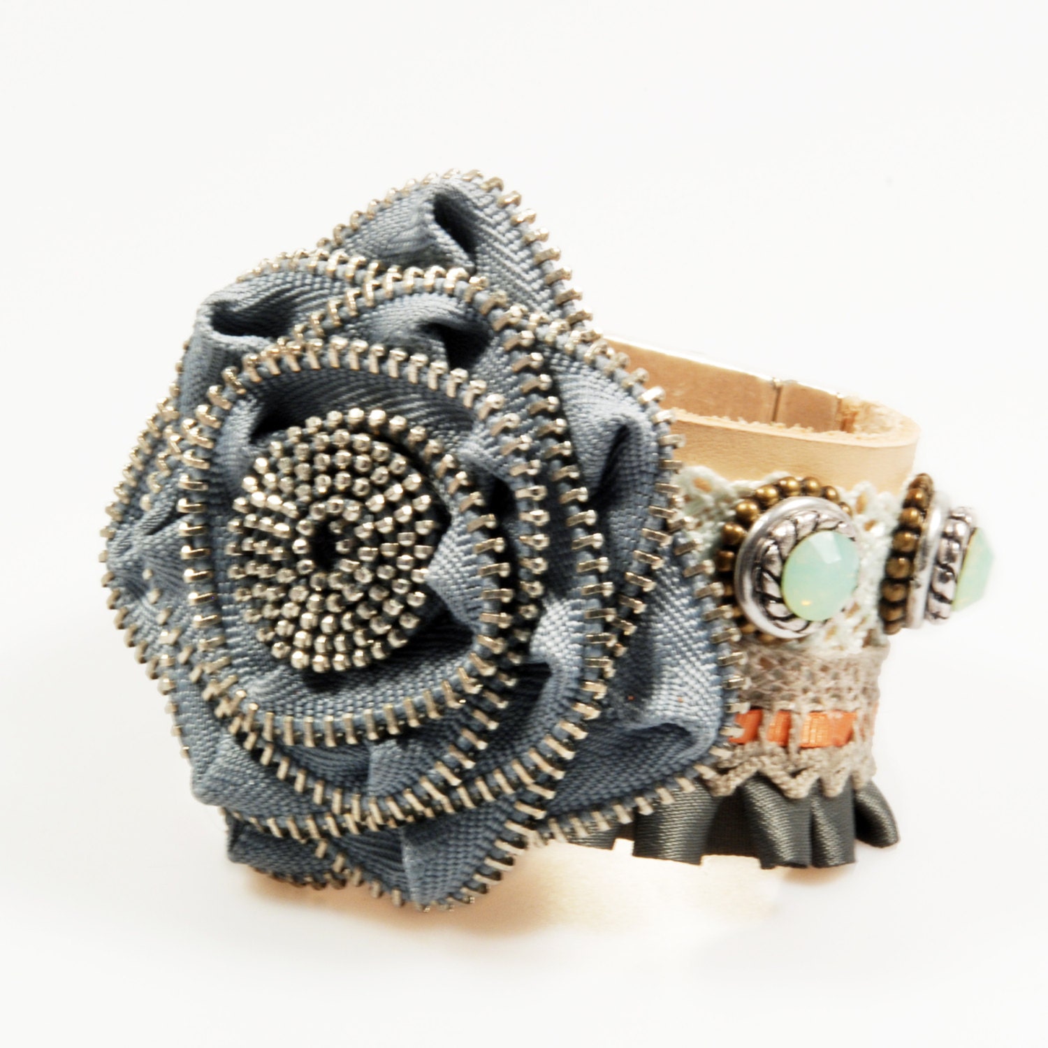 Leather cuff big flower gray - bracelet wide, ribbon, mint green, orange - Swarovski Crystal - bohemian gypsy - unique jewelry