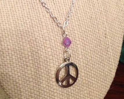 Purple Crystal and Peace Sign Pendant Necklace