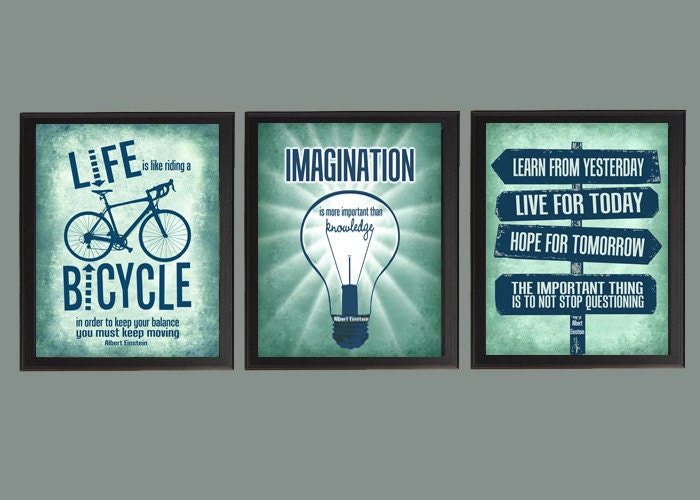 Einstein Poster Set - three 8x10 photographic prints - Albert Einstein Quote Typography Inspirational Wall Art Poster Teal Blue Decor